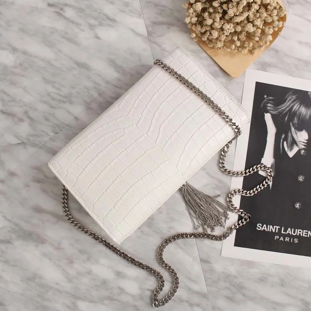 Saint Laurent YSL Kate Small Tassel Embossed Crocodile Shiny Calfskin for Women in White Saint Laurent YSL Kate Small Tassel Embossed Crocodile Shiny Calfskin for Women in White