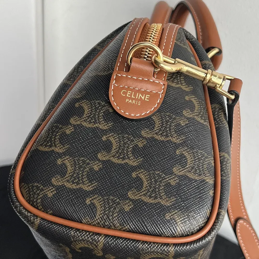 Celine Small Boston in Triomphe Canvas and Calfskin for Women in Tan