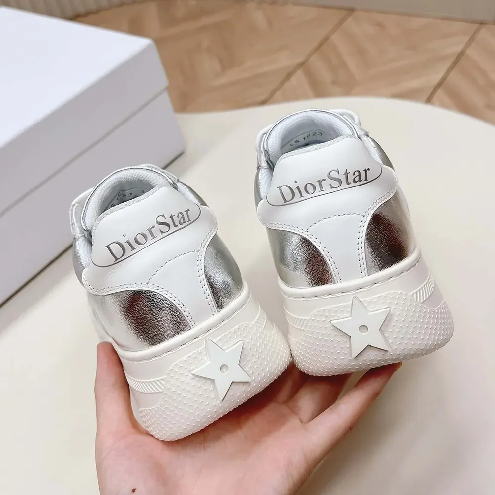 Dior Star Platform Sneaker Silver-Tone Crinkled-Effect Lambskin and White Calfskin for Women