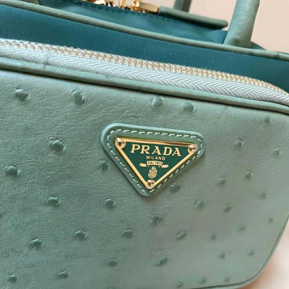 Prada Re-Nylon and Ostrich Leather Two-handle Bag for Women in Green Prada Re-Nylon and Ostrich Leather Two-handle Bag for Women in Green