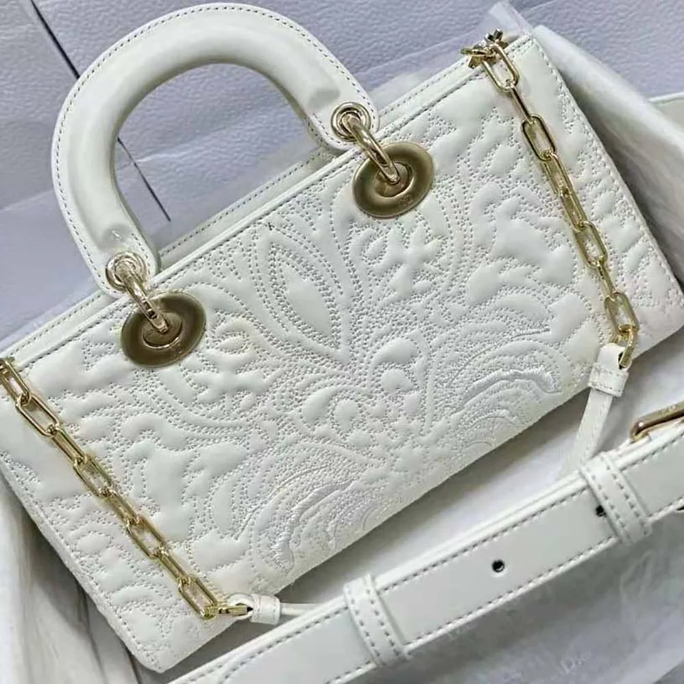 Dior Medium Lady D-joy Bag Latte Quilted-Effect Lambskin with Ornamental Motif for Women