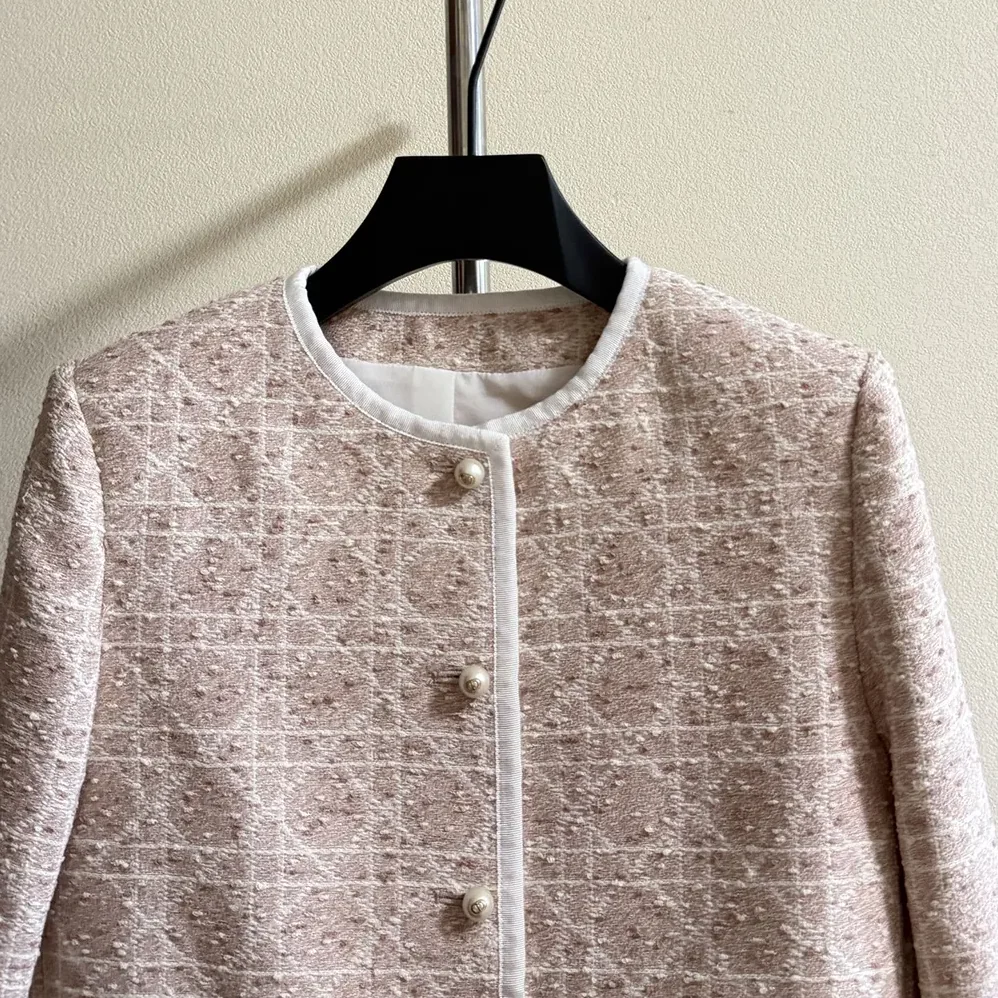 Dior Macrocannage Cropped Jacket Peach Blossom Pink Cotton for Women in Blend Tweed