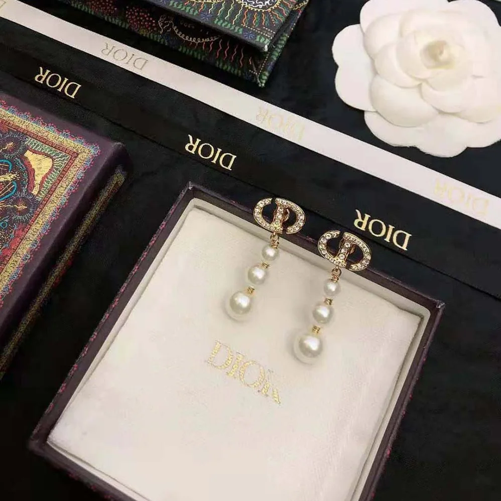 Dior CD Navy Earrings White-Finish Metal with White Resin Pearls and Crystals for Women Dior CD Navy Earrings White-Finish Metal with White Resin Pearls and Crystals for Women