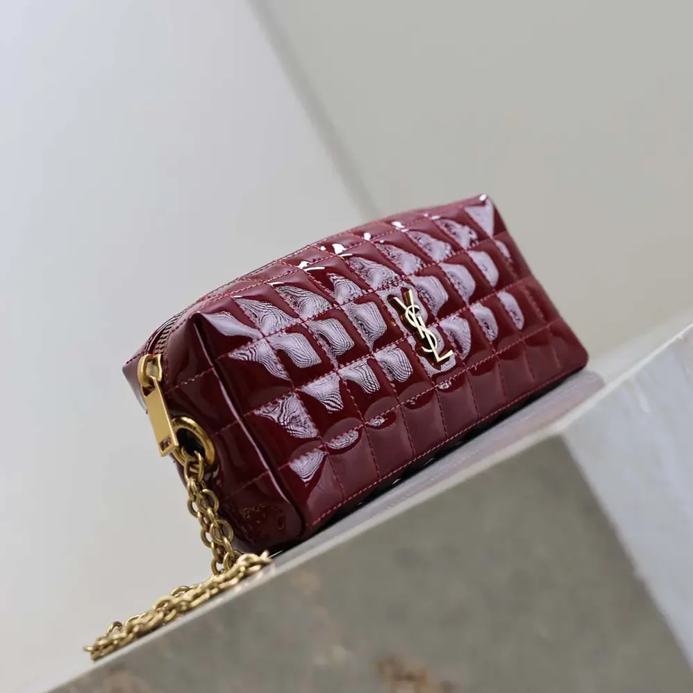 Saint Laurent YSL Cassandre Matelassé Carré Pouch On Chain In Shiny Canvas for Women in Msroon Saint Laurent YSL Cassandre Matelassé Carré Pouch On Chain In Shiny Canvas for Women in Msroon