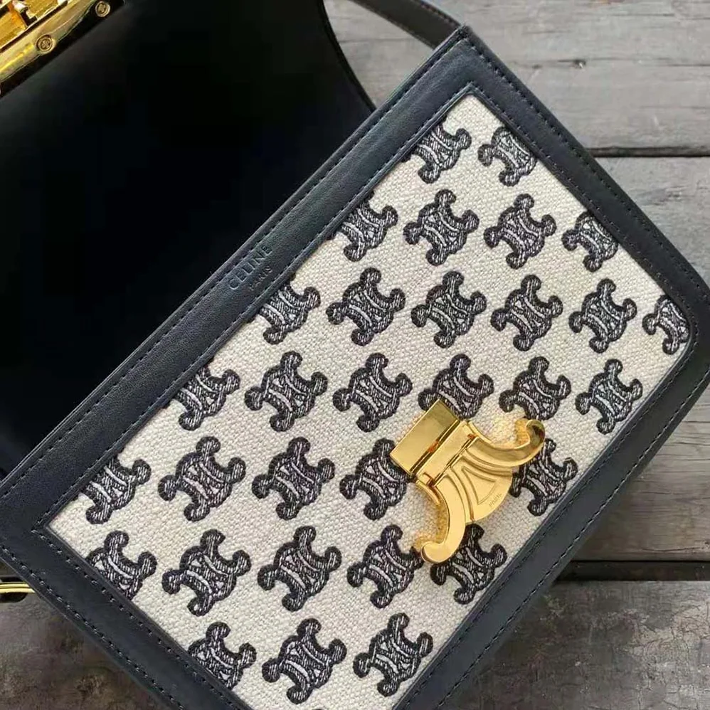 Celine Medium Triomphe Bag in Textile with Triomphe Embroidery and Calfskin for Women