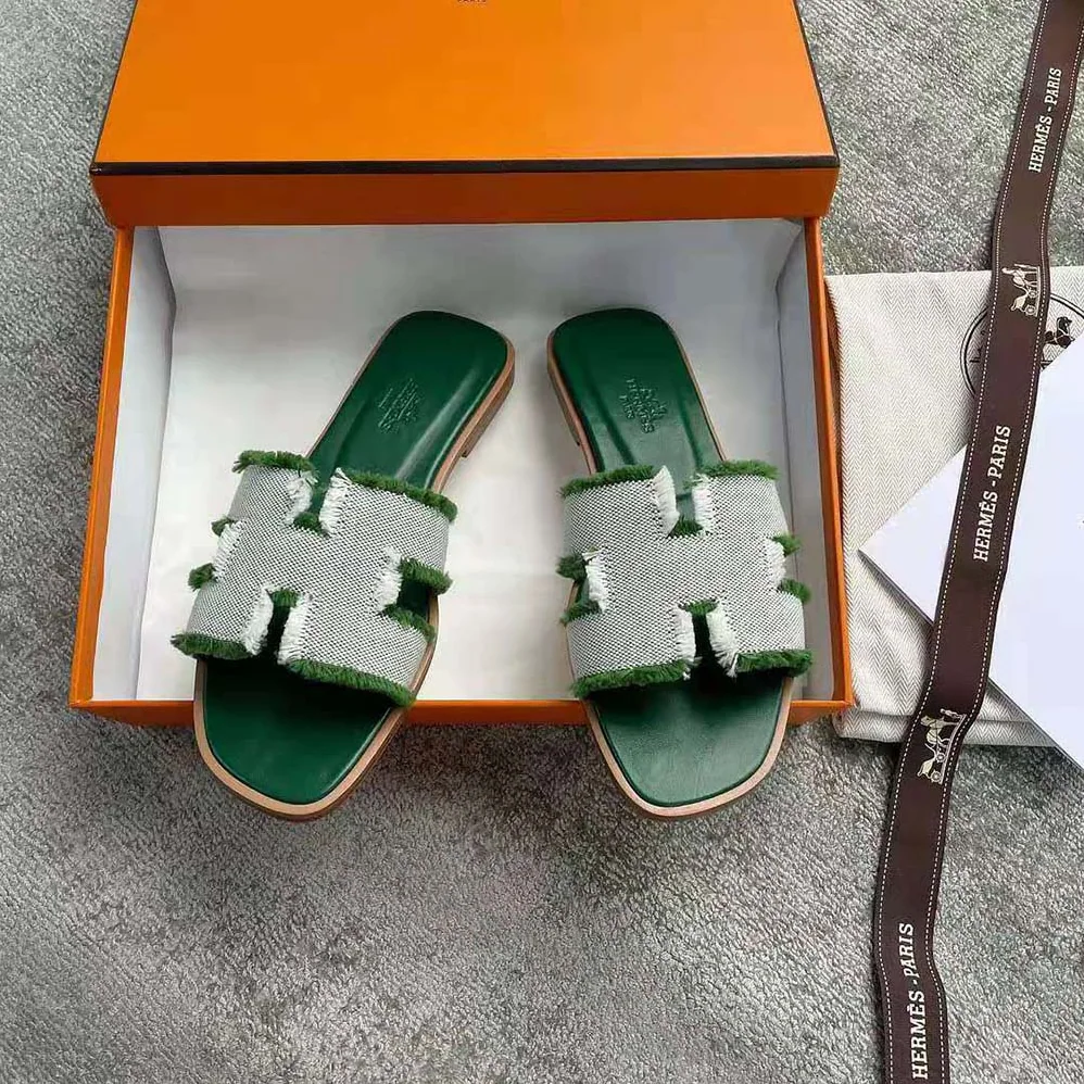 Hermes Oran Sandal in Fringed H Canvas for Women in Green