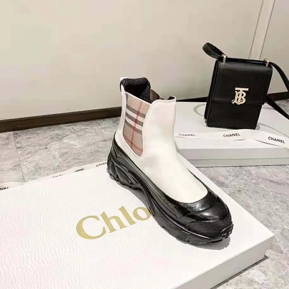 Burberry Vintage Check Detail Coated Canvas Chelsea Boots for Women in White