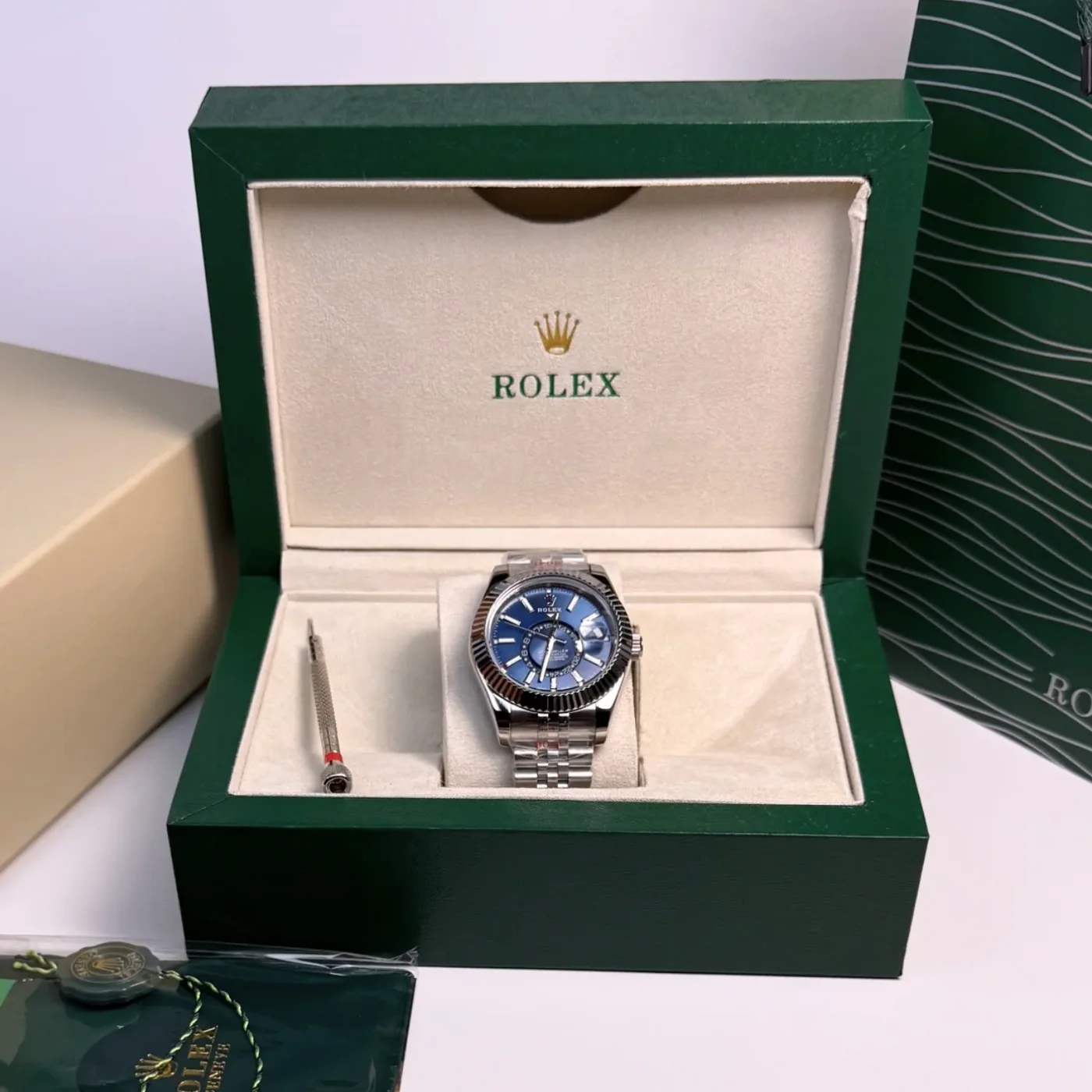 Rolex Sky Dweller Watch Silver Toned Blue Dial Rolex Sky Dweller Watch Silver Toned Blue Dial