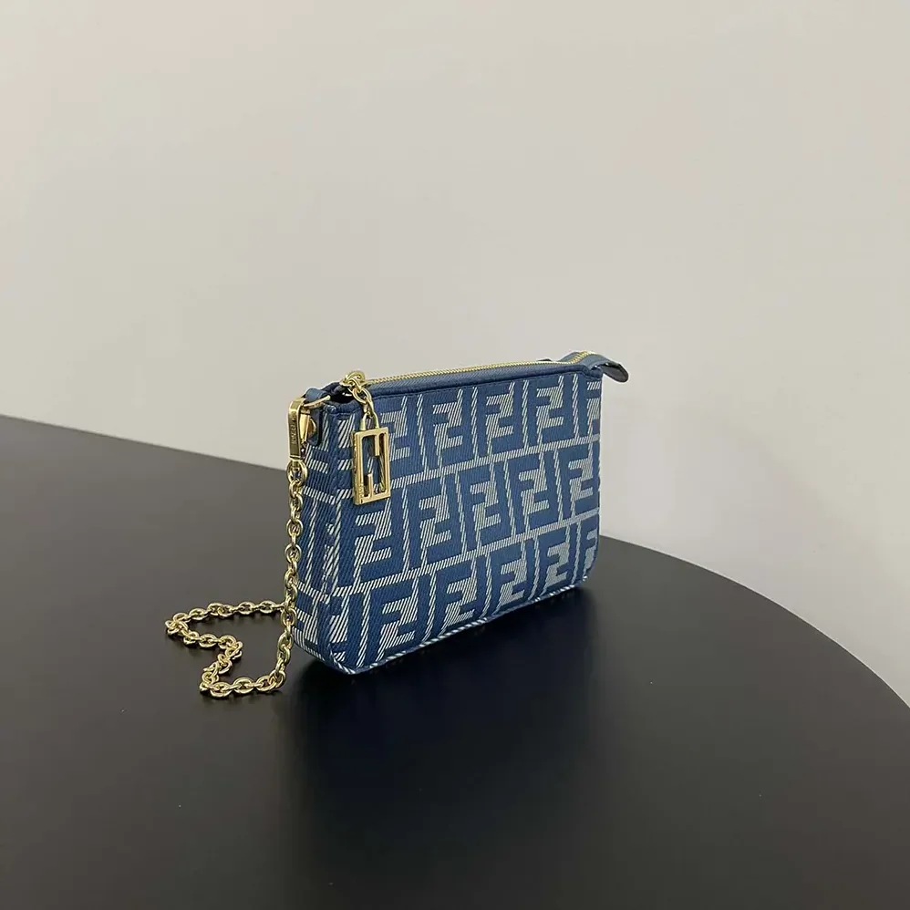 Fendi Baguette Pouch Blue Denim-effect FF Jacquard Charm Pouch with Chain for Women