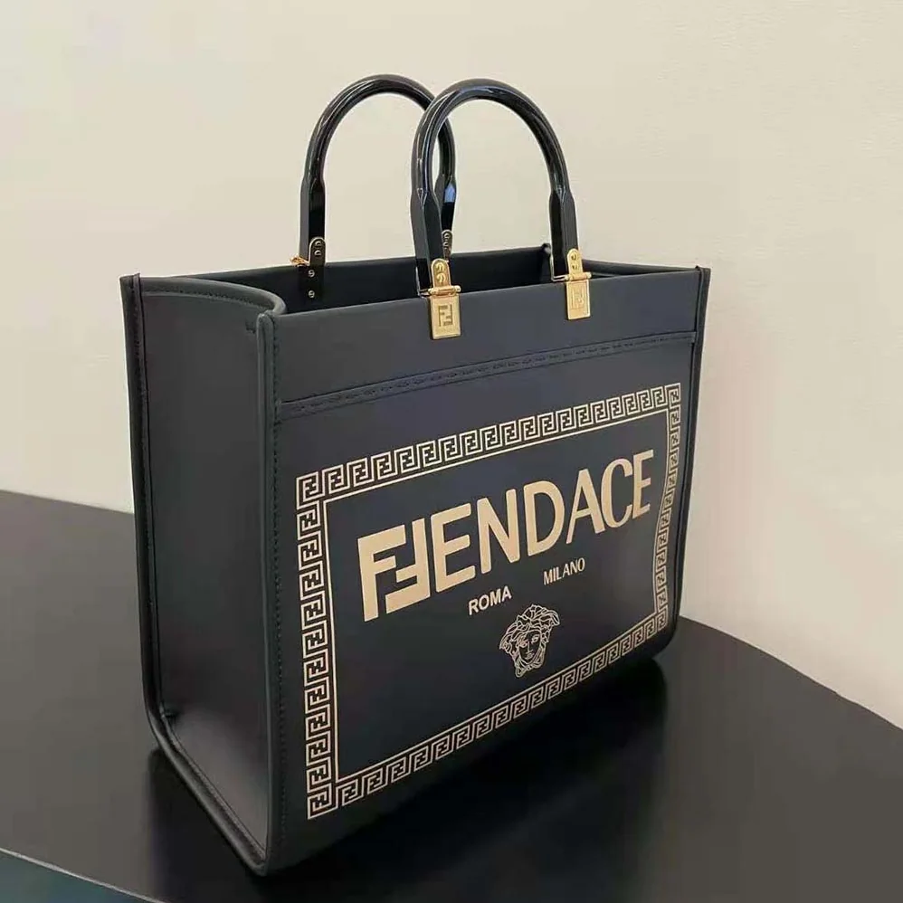 Fendi Sunshine Medium Fendace Printed Black Leather Logo Shopper for Women Fendi Sunshine Medium Fendace Printed Black Leather Logo Shopper for Women