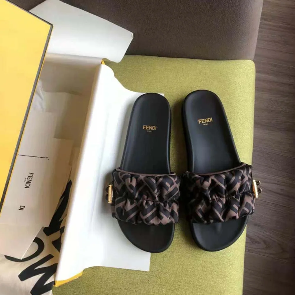 Fendi Vertigo Brown Satin Slides for Women