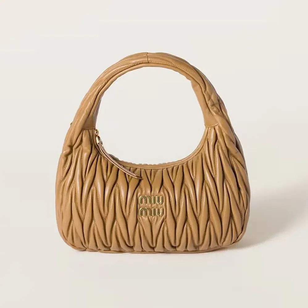 Miu Miu Wander Matelassé Nappa Leather Hobo Bag for Women in Caramel Miu Miu Wander Matelassé Nappa Leather Hobo Bag for Women in Caramel