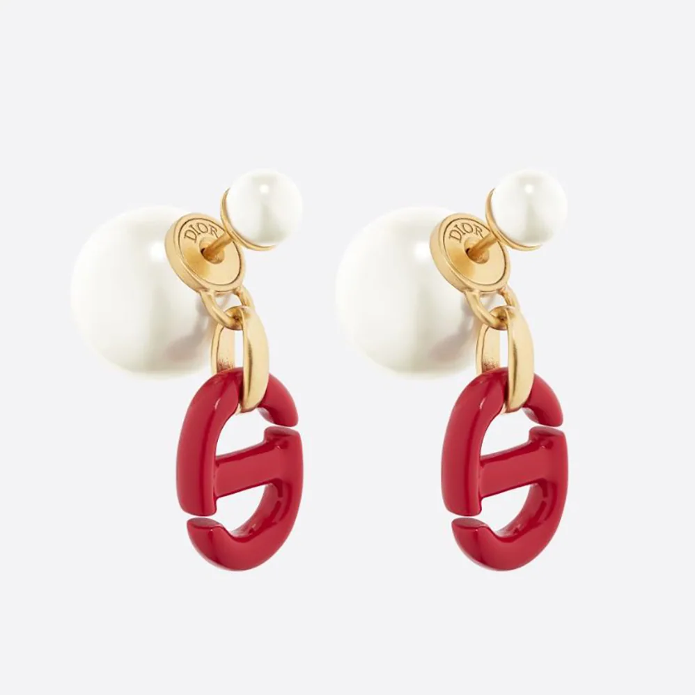 Dior Tribales Earrings Gold-Finish Metal and White Resin Pearls with Raspberry Lacquer for Women
