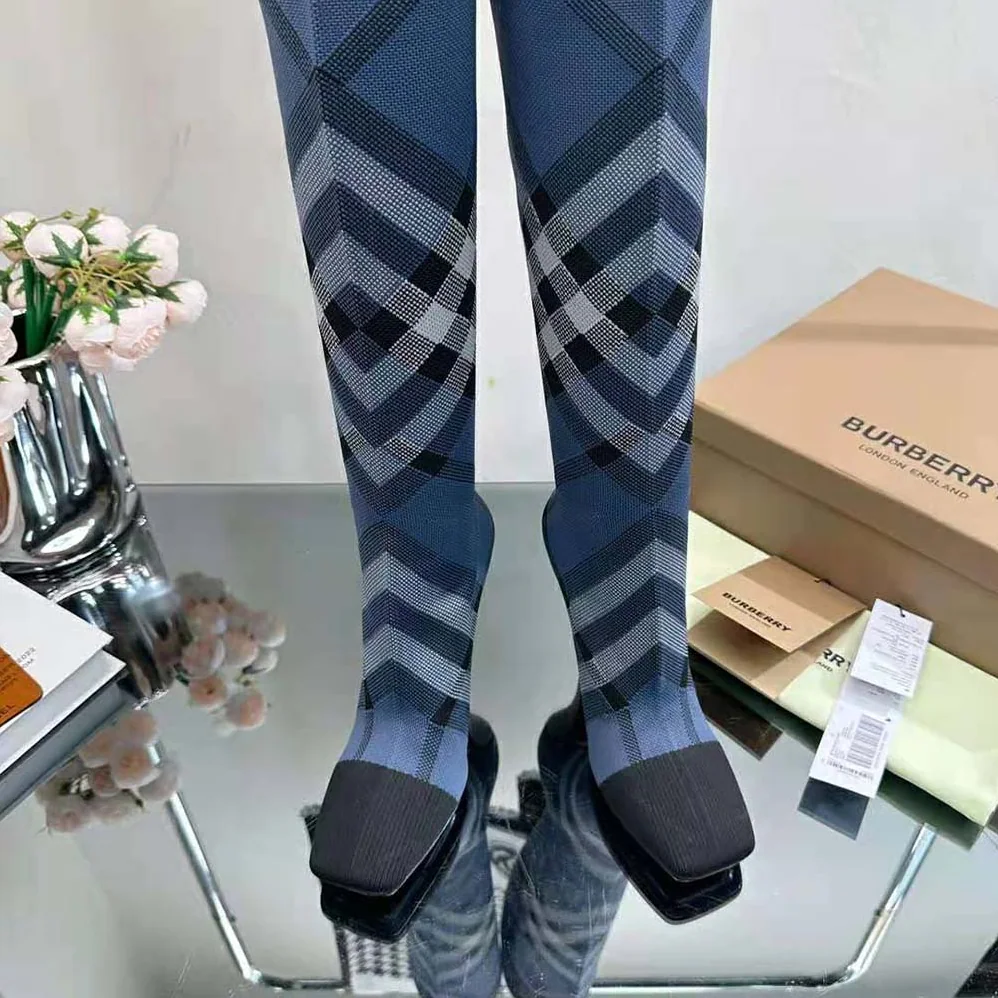 Burberry Knitted Check Sock Boots for Women in Blue Burberry Knitted Check Sock Boots for Women in Blue