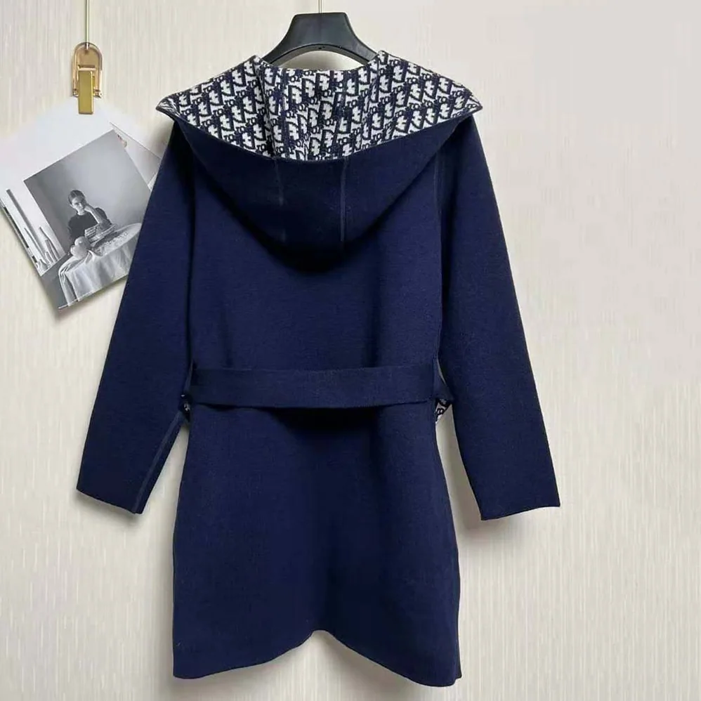 Dior Cropped Coat with Hood and Belt Navy Blue Double for Women in Sided Wool