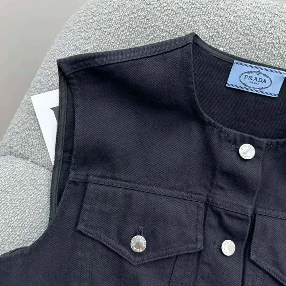Prada Stretch Denim Vest with Triangle Logo for Women Prada Stretch Denim Vest with Triangle Logo for Women