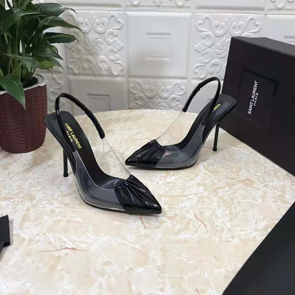 Saint Laurent YSL Chica Slingback Pumps in Tpu and Patent Leather for Women in Black Saint Laurent YSL Chica Slingback Pumps in Tpu and Patent Leather for Women in Black