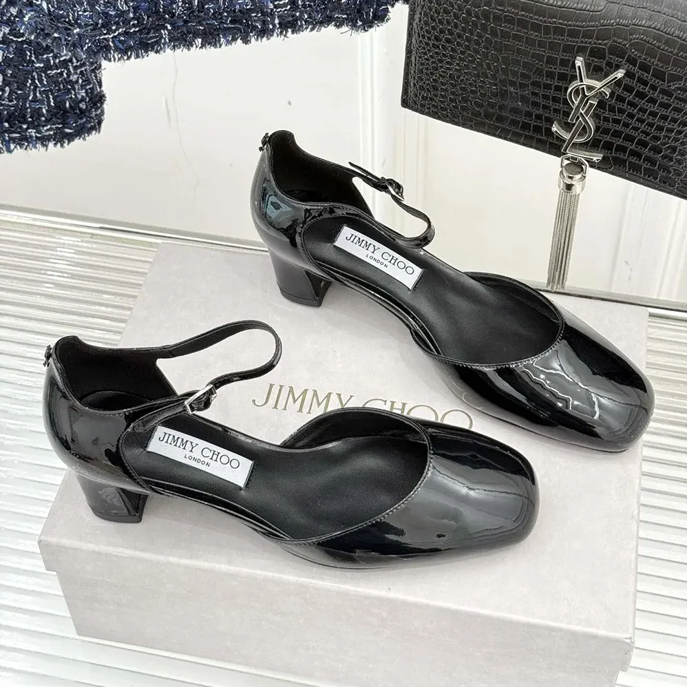 Jimmy Choo Pixie Block Heel 45 Black Patent Leather Pumps for Women Jimmy Choo Pixie Block Heel 45 Black Patent Leather Pumps for Women