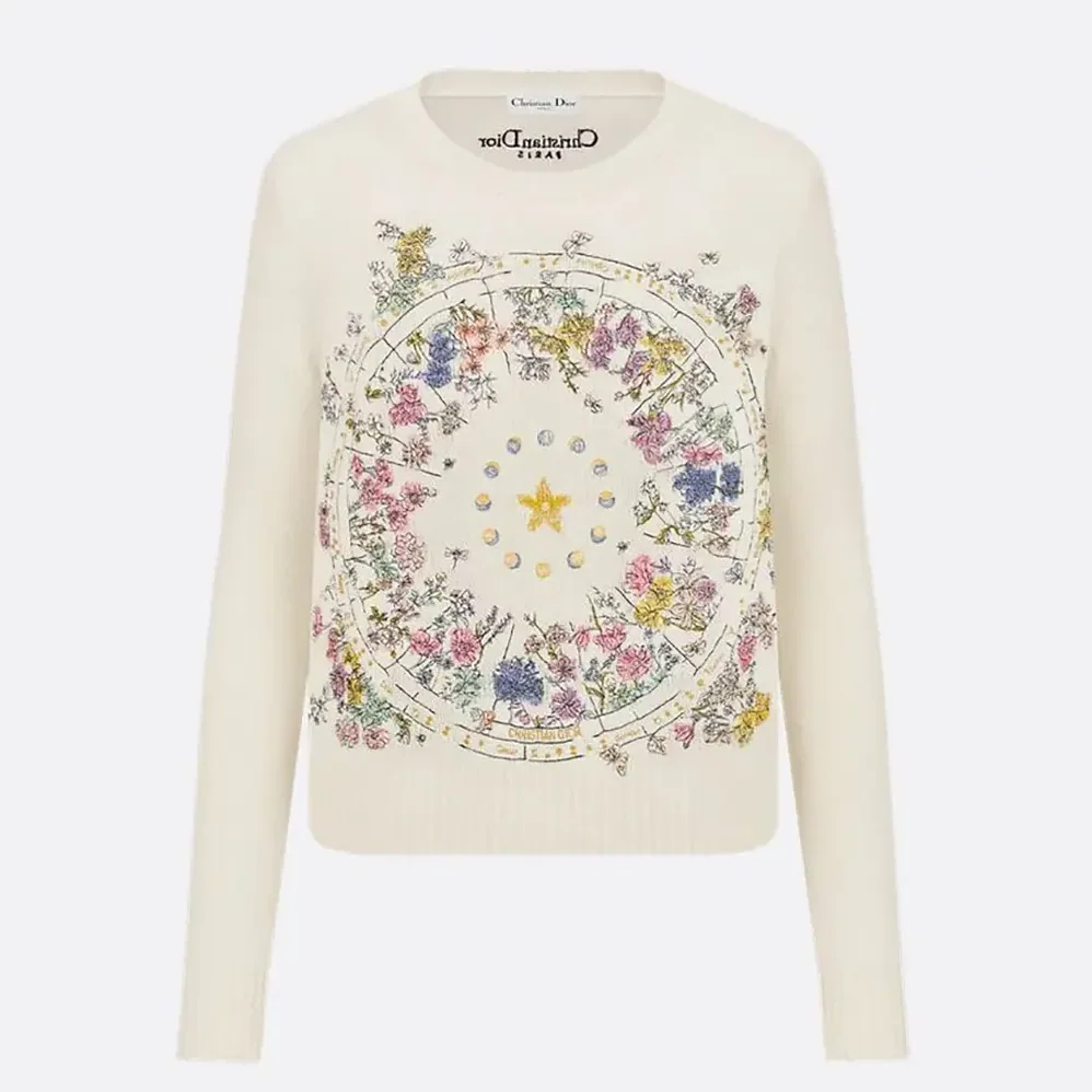 Dior Embroidered Sweater White Cashmere Knit with Multicolor Dior Astral Flowers Motif for Women
