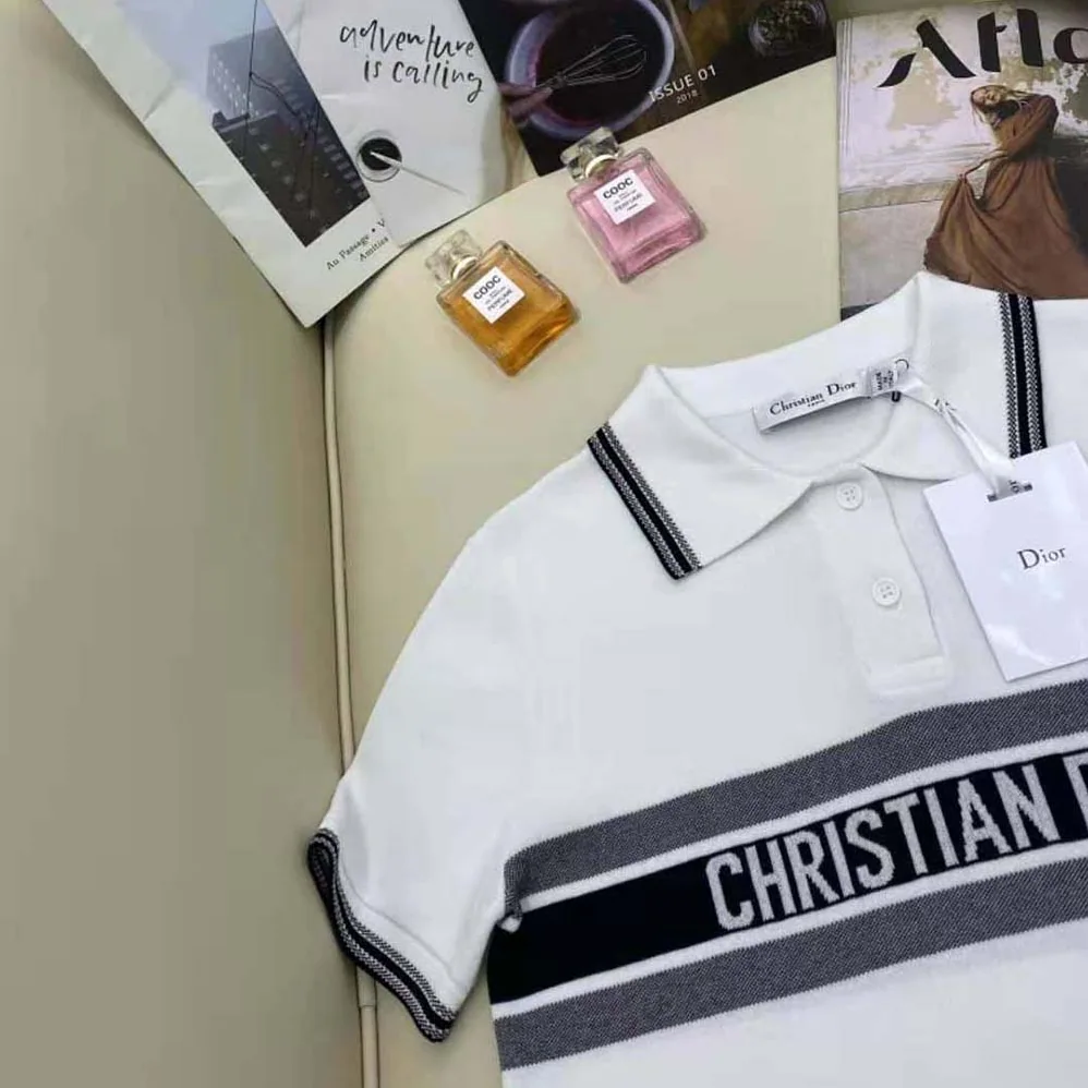 Dior Polo Shirt White and Navy Blue Cotton Jersey for Women Dior Polo Shirt White and Navy Blue Cotton Jersey for Women