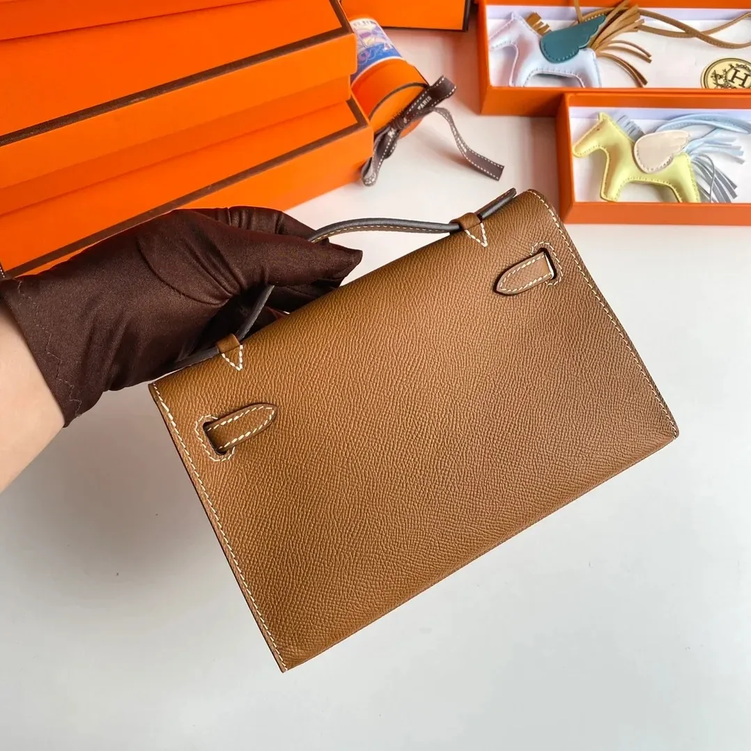 Hermes Kelly Pochette Top Handle Bag in Brown Epsom Palladium Hardware