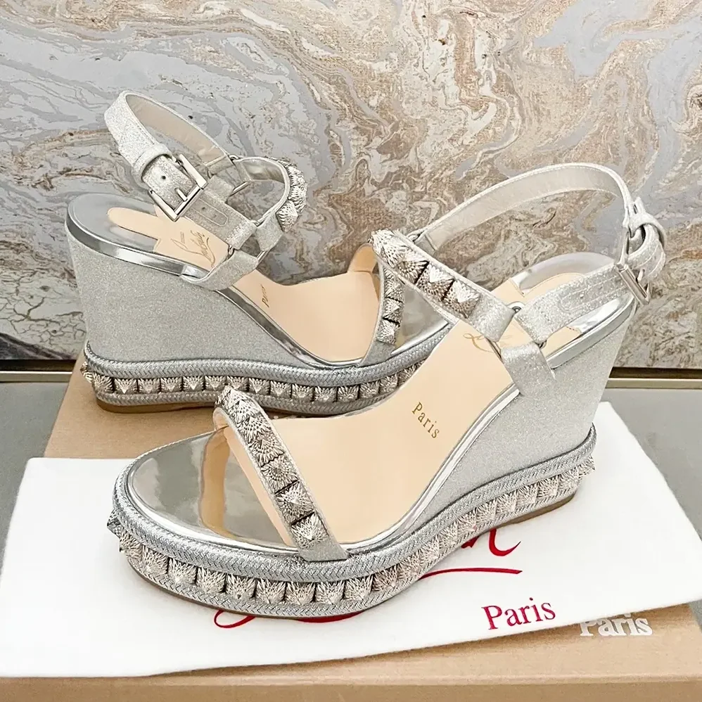 Christian Louboutin Silver Leather Calf Leather/Studded Cataclou 140 Platform Espadrille for Women