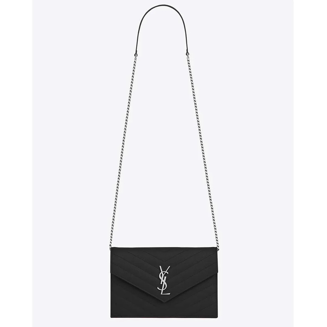 Saint Laurent YSL Medium Monogram Envelope Chain Wallet Silver Hardware in Black Saint Laurent YSL Medium Monogram Envelope Chain Wallet Silver Hardware in Black