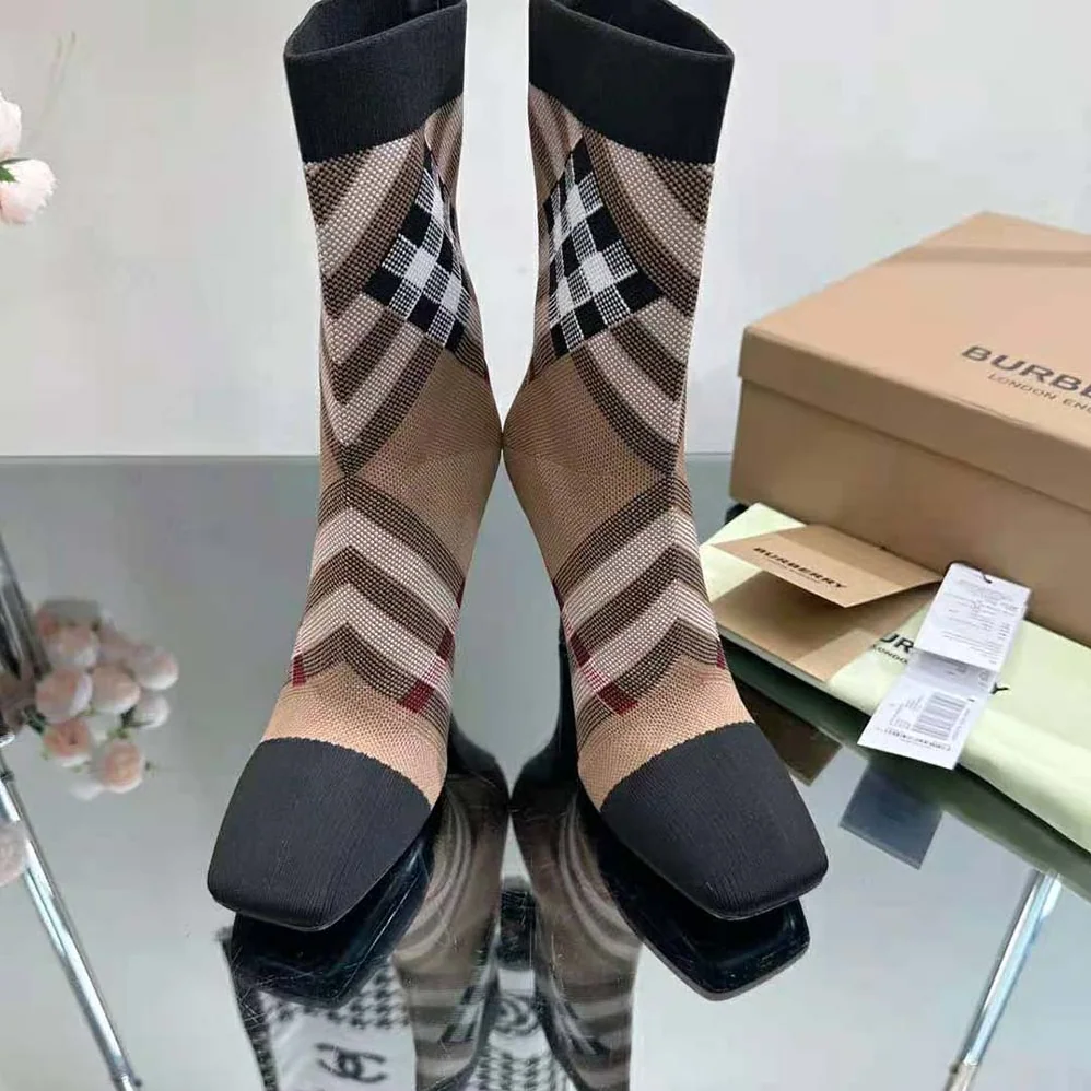 Burberry Knitted Check Sock Boots for Women in Black