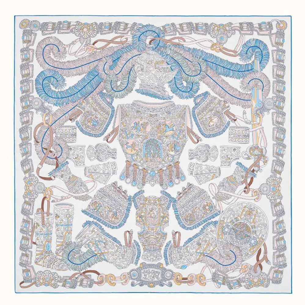 Hermes Sous L Egide De Mars Wash Scarf 90 for Women in Silver Hermes Sous L Egide De Mars Wash Scarf 90 for Women in Silver