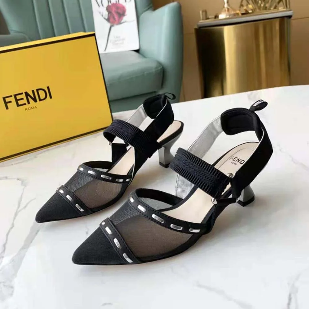 Fendi Colibri Black Mesh Medium-Heel Slingbacks with Metal Stitches for Women