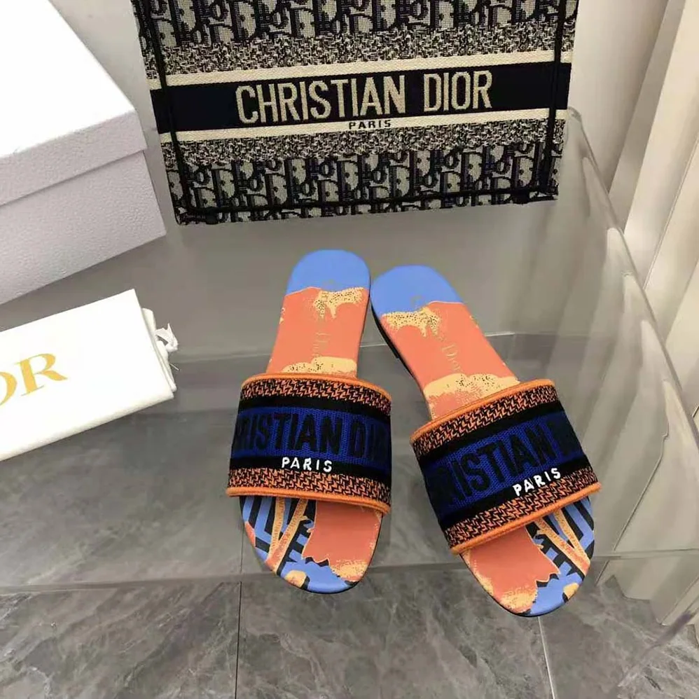 Dior Dway Slide Blue Multicolor D for Women in Flower Pop Cotton Embroidery