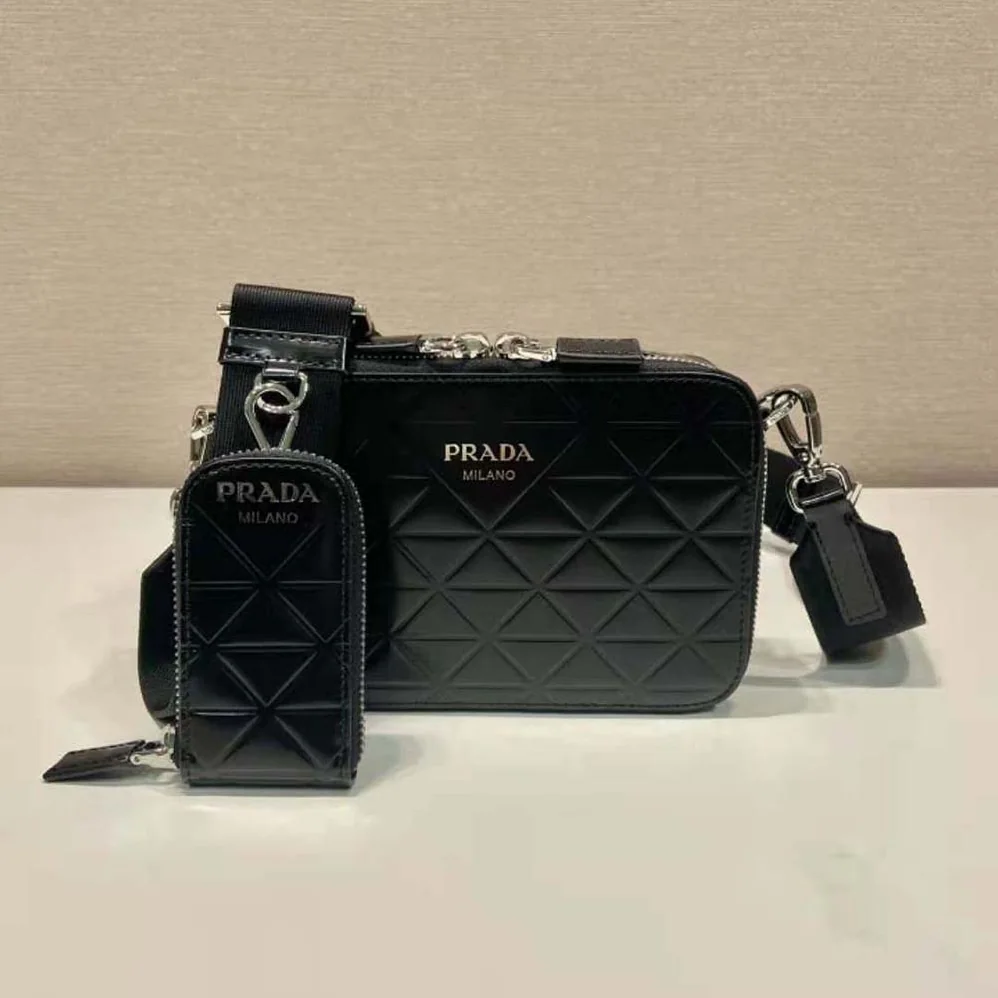 Prada Brique Brushed Leather Bag with Triangle Motif for Men in Black