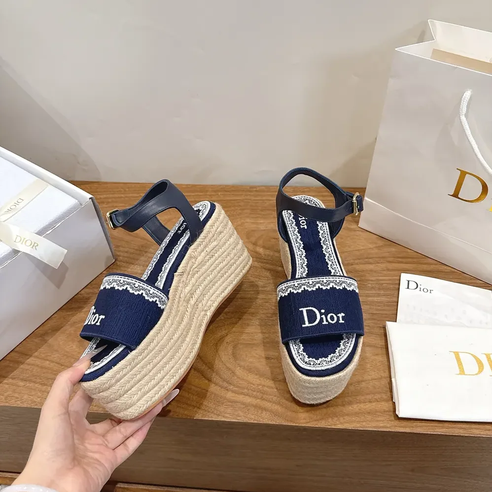 Dior Dentelle Wedge Sandal Navy Blue Dior Oblique Embroidered Cotton and White Lace for Women Dior Dentelle Wedge Sandal Navy Blue Dior Oblique Embroidered Cotton and White Lace for Women