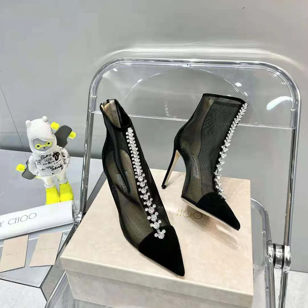 Jimmy Choo Bing Boot 100 Black Suede and Mesh Ankle Boots with Crystal Embellishment for Women
