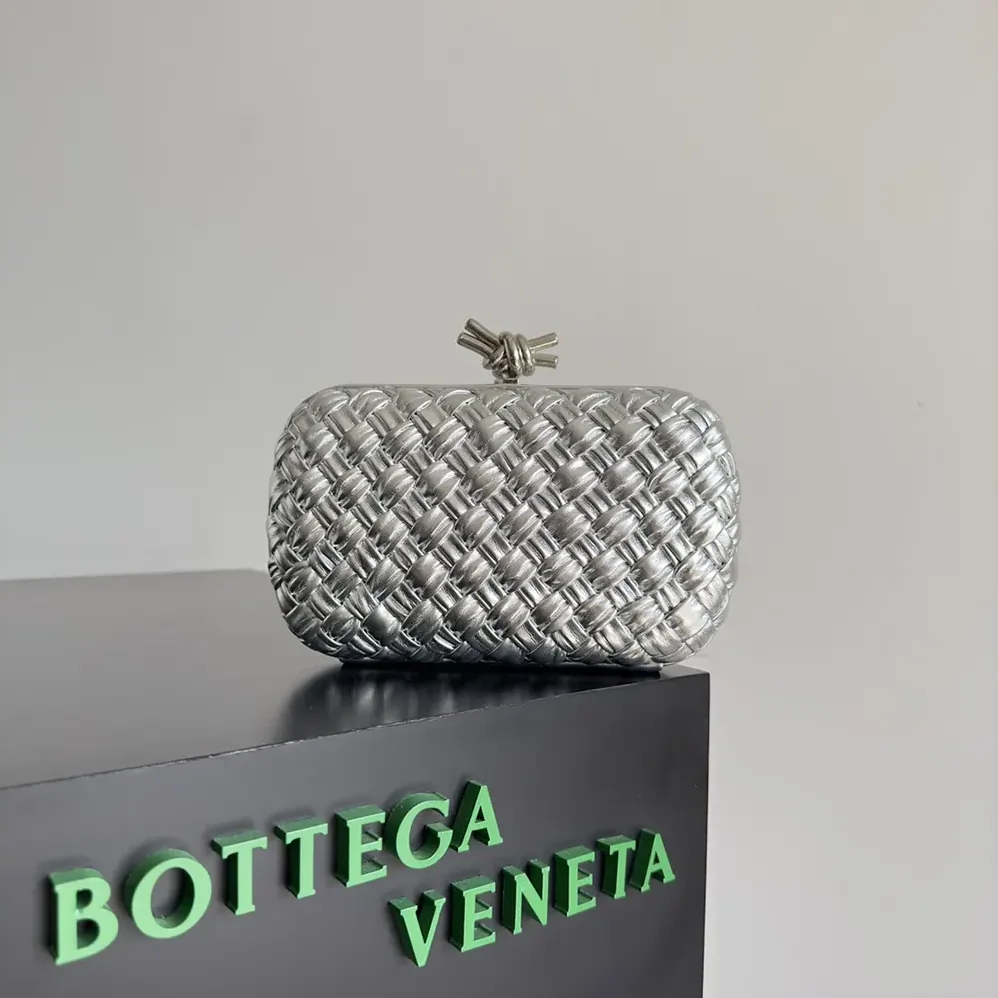 Bottega Veneta Knot Pressed Intreccio Laminated Leather Minaudiere for Women in Silver Bottega Veneta Knot Pressed Intreccio Laminated Leather Minaudiere for Women in Silver