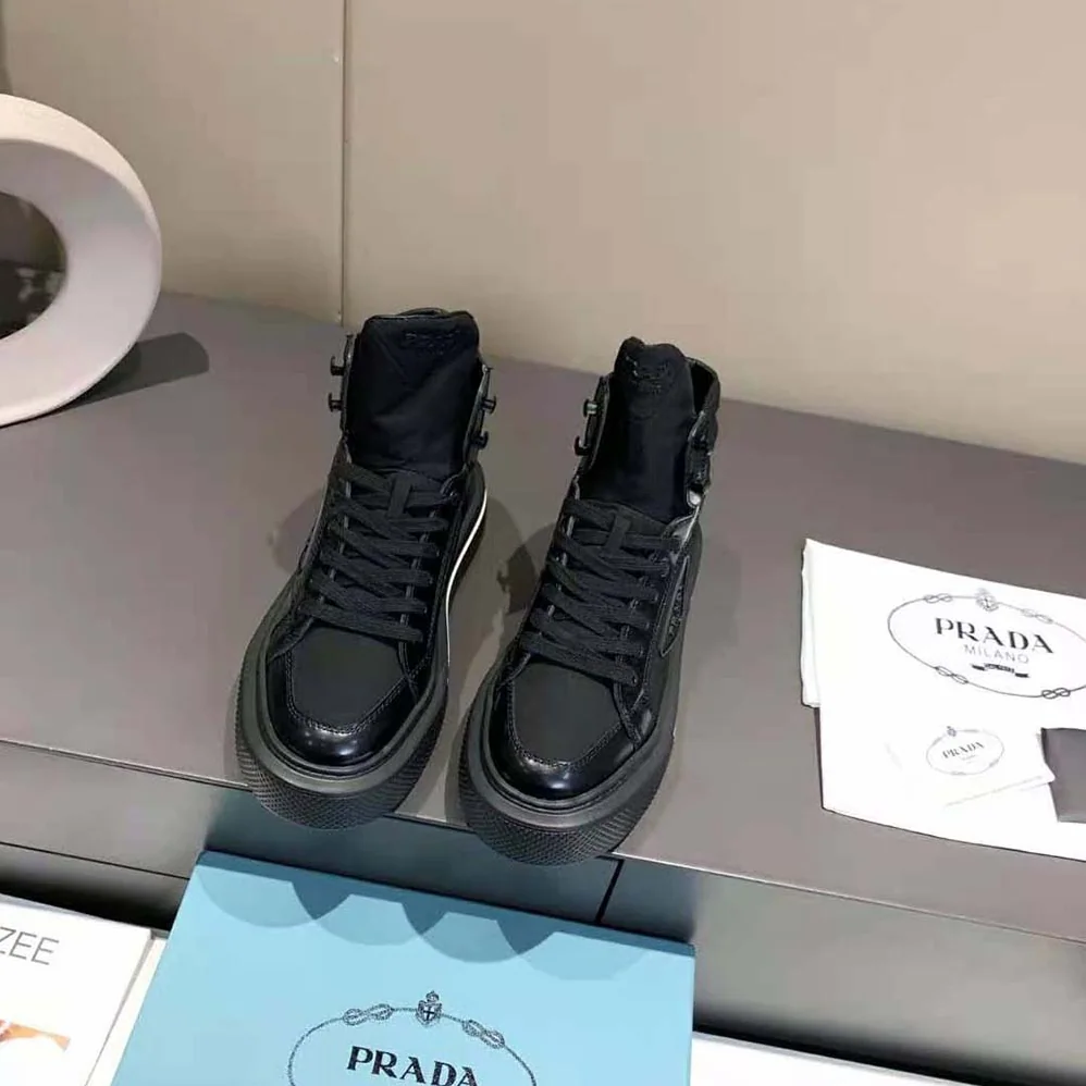 Prada Macro Re-Nylon and Brushed Leather High-top Sneakers for Women in Black