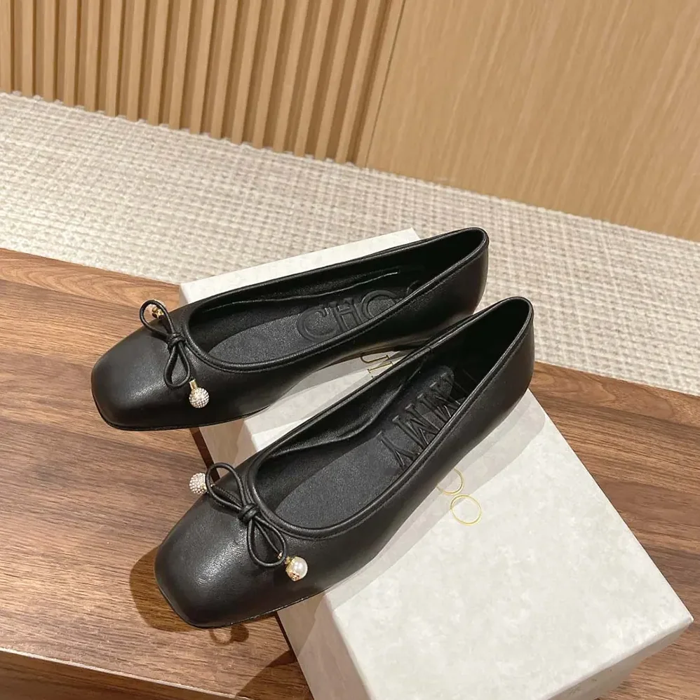 Jimmy Choo Elme Flat Black Nappa Leather Flats with Pearl Embellishment for Women Jimmy Choo Elme Flat Black Nappa Leather Flats with Pearl Embellishment for Women
