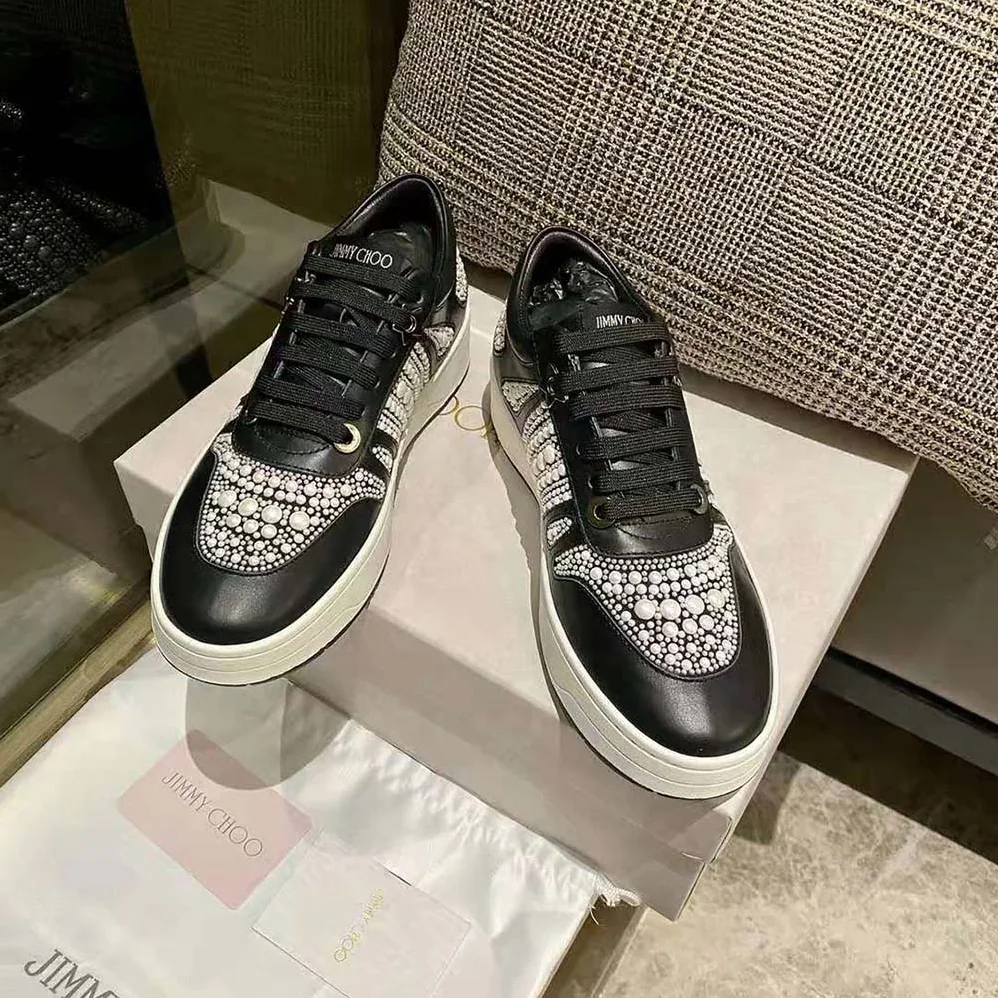 Jimmy Choo Hawaii/F Black Calf Leather and Canvas Low Top Trainers for Women