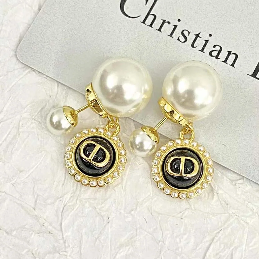 Dior Tribales Earrings Gold-Finish Metal with White Resin Pearls and Black Glass for Women Dior Tribales Earrings Gold-Finish Metal with White Resin Pearls and Black Glass for Women