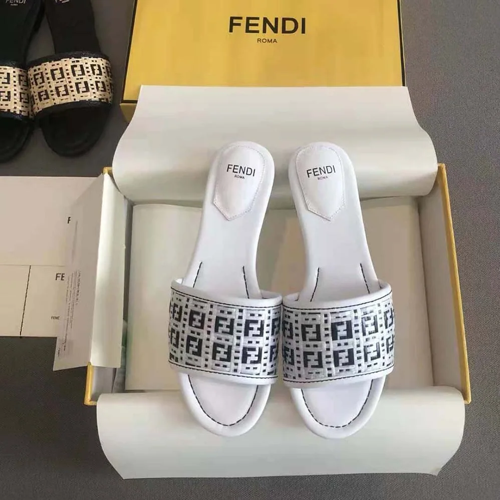 Fendi FF Interlace Slides White Leather Slides for Women Fendi FF Interlace Slides White Leather Slides for Women