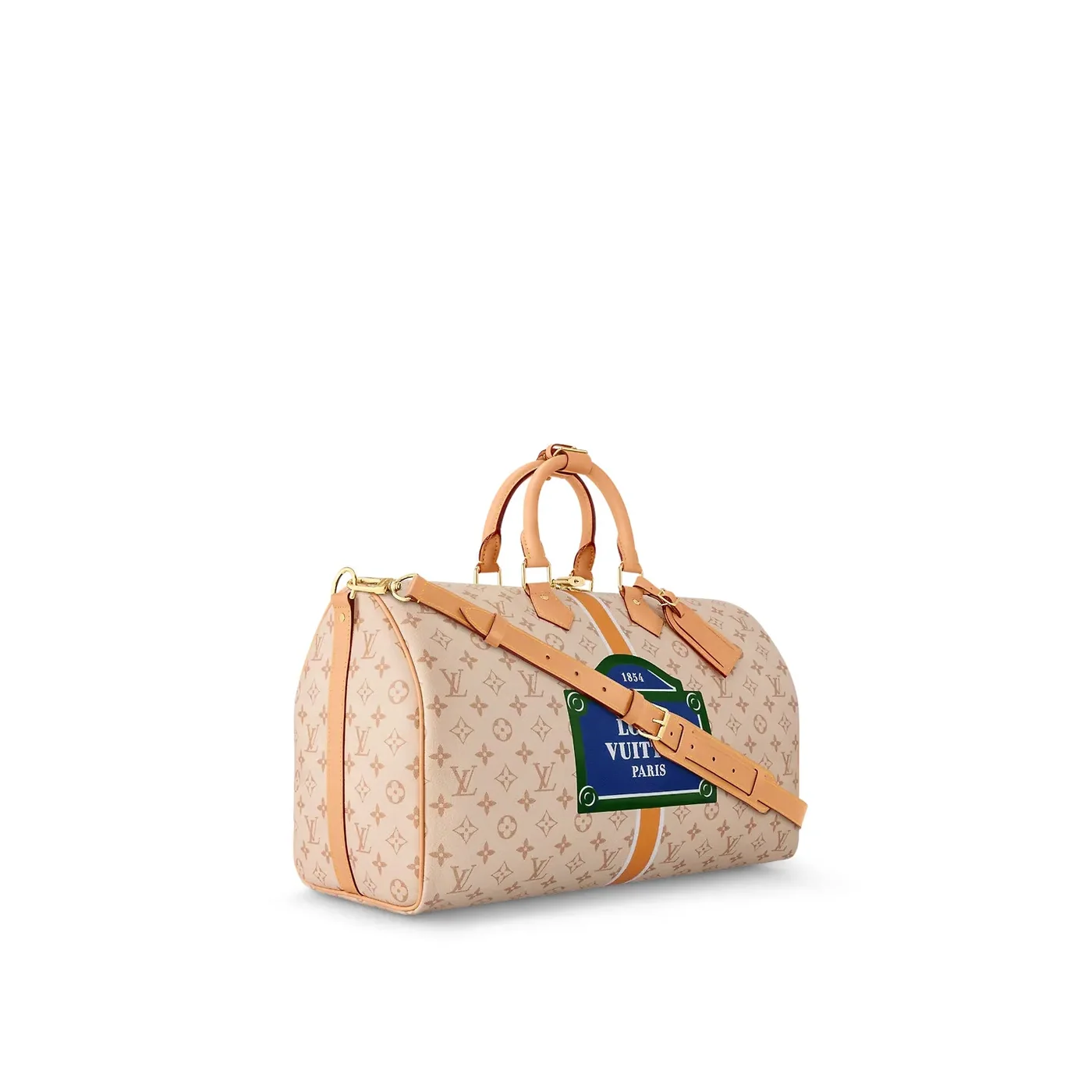 Louis Vuitton Keepall Bandouliere 45 Travel Bag in Beige Gold Hardware Louis Vuitton Keepall Bandouliere 45 Travel Bag in Beige Gold Hardware