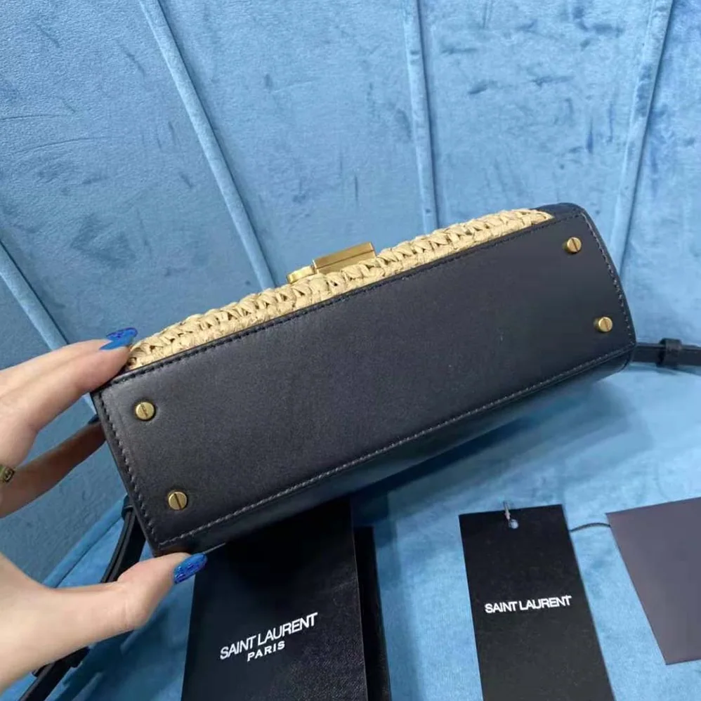 Saint Laurent YSL Cassandra Mini Top Handle Bag in Raffia and Leather for Women