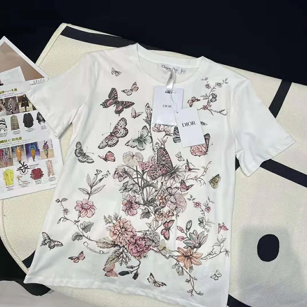Dior T-Shirt White Cotton Jersey with Pastel Pink Toile de Jouy Mexico Motif for Women Dior T-Shirt White Cotton Jersey with Pastel Pink Toile de Jouy Mexico Motif for Women