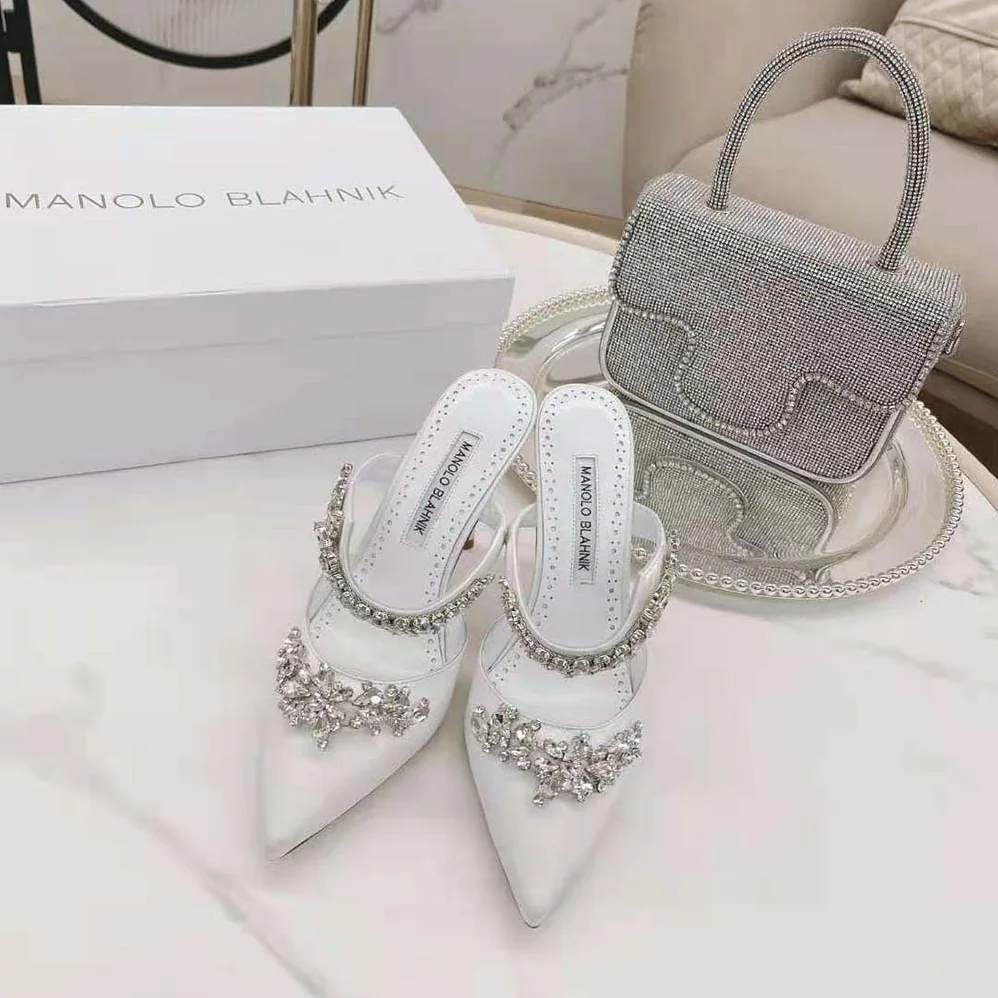 Manolo Blahnik White Satin Crystal Embellished Mules for Women