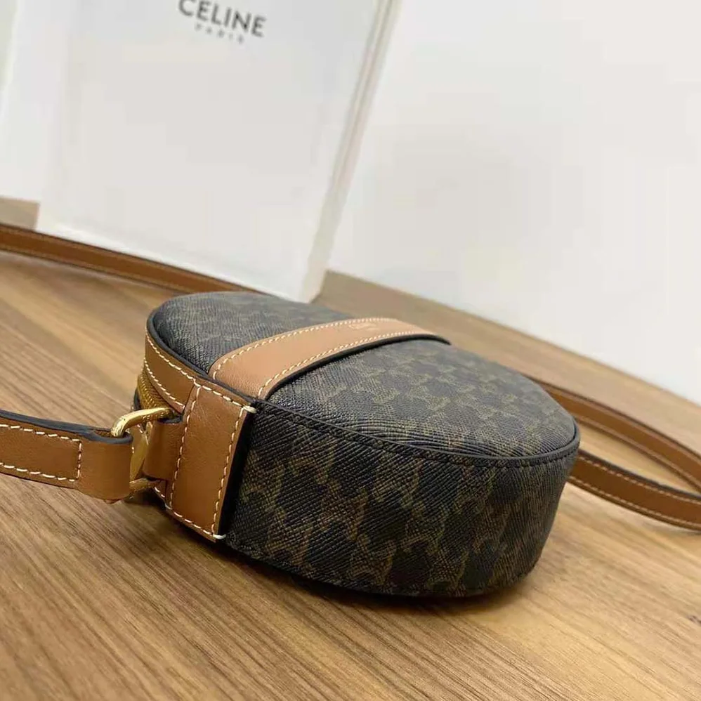 Celine Round Purse on Strap in Triomphe Canvas and Lambskin for Women