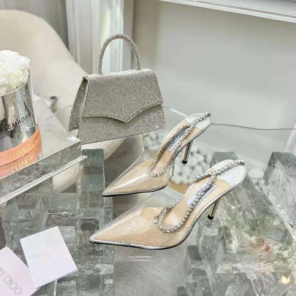 Jimmy Choo Saeda 100 Silver Glitter Plexi Pumps with Crystal Embellishment for Women