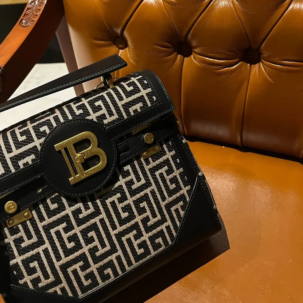 Balmain Bicolor Khaki and Black Calfskin Jacquard B for Women in Buzz Bag