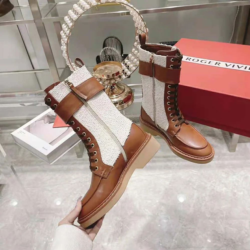 Roger Vivier Viv' Rangers Strass Buckle Boots in Fabrics for Women Roger Vivier Viv' Rangers Strass Buckle Boots in Fabrics for Women