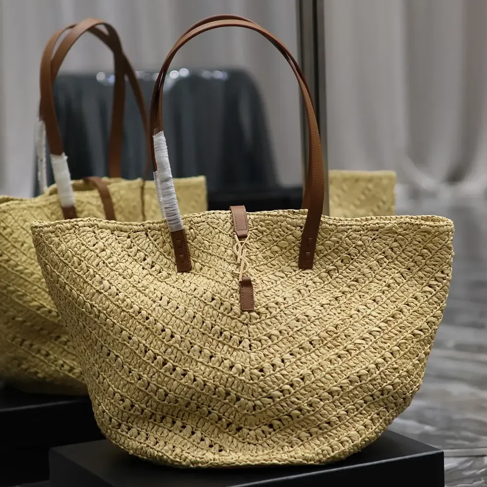 Saint Laurent YSL Panier Medium in Raffia and Vegetable for Women in tanned Leather Saint Laurent YSL Panier Medium in Raffia and Vegetable for Women in tanned Leather
