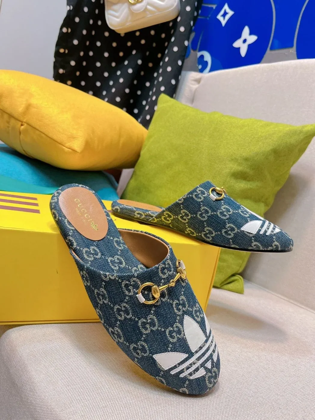 Gucci x Adidas GG Trefoil Slipper Blue for Women